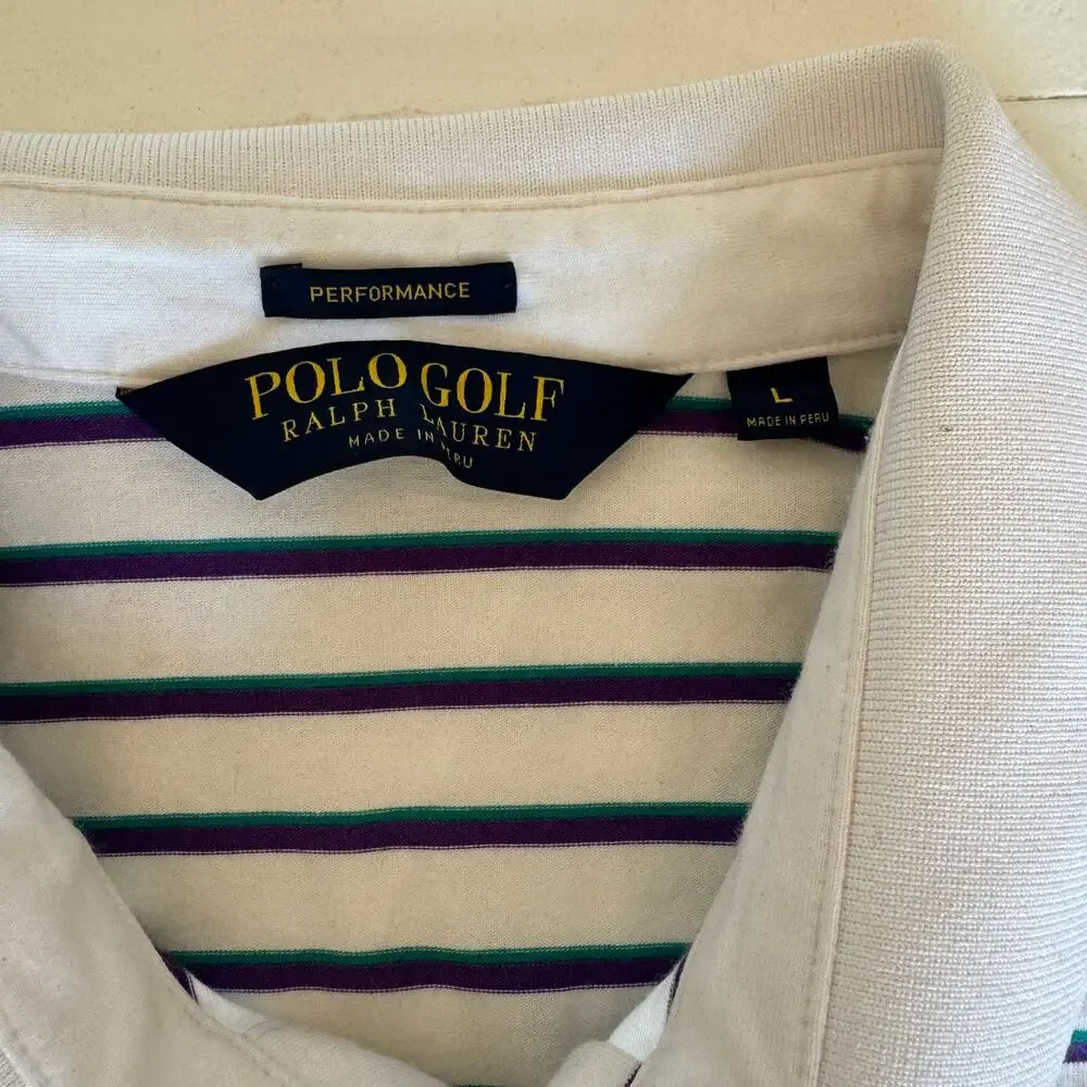 Polo Golf Ralph Lauren Performance White Purple Green Stripe Polo XL Big Pony